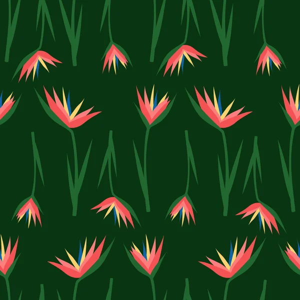 Vzor bezešvé tropických exotických květů na tmavém pozadí zelené. — Stockový vektor