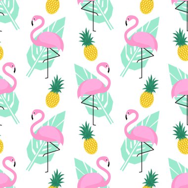 Beyaz arka plan üzerinde tropikal trendy seamless modeli pembe flamingolar, ananas ve yeşil palmiye yaprakları.