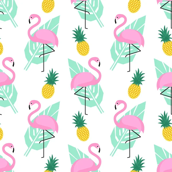 Tropical trendy seamless pattern with pink flamingos, pineapples and green palm leaves on white background. — Stock Vector