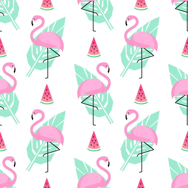 Tropical trendy seamless pattern with pink flamingos, watermelon and mint green palm leaves on white background. — Stock Vector