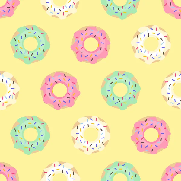 Donuts seamless pattern on yellow background. — Stock Vector