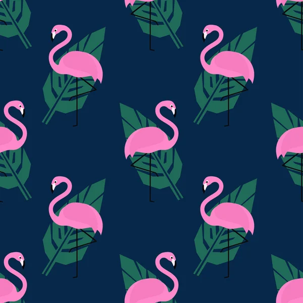 Patrón sin costuras de moda tropical con flamencos rosados y hojas de palma verde sobre fondo azul oscuro . — Vector de stock