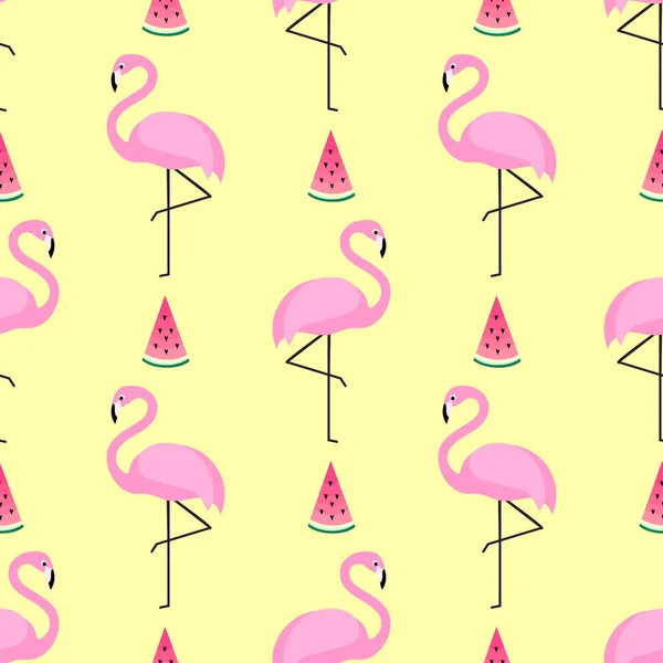 Tropical trendy seamless pattern with pink flamingos and watermelon on yellow background. — Stock Vector