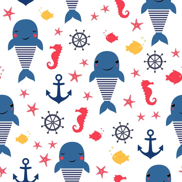 Seamless sea pattern: whale, anchor and seahorse. — Stock Vector