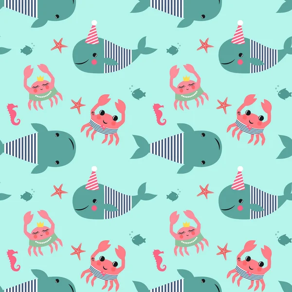 Seamless pattern with whales, crabs, seahorses on mint green background. — Stock Vector