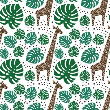 Zürafalar, palmiye yaprakları ve beyaz arka plan üzerinde seamless modeli nokta.