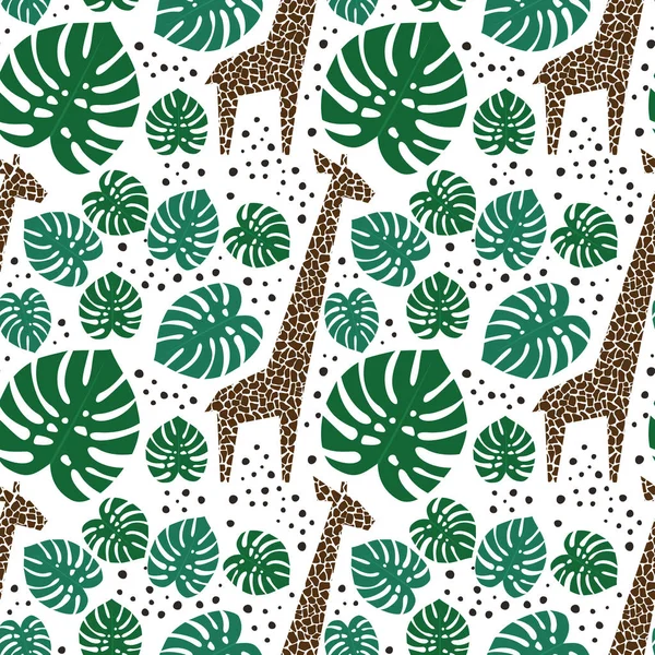 Giraffen, Palmblätter und Punkte nahtloses Muster auf weißem Hintergrund. — Stockvektor