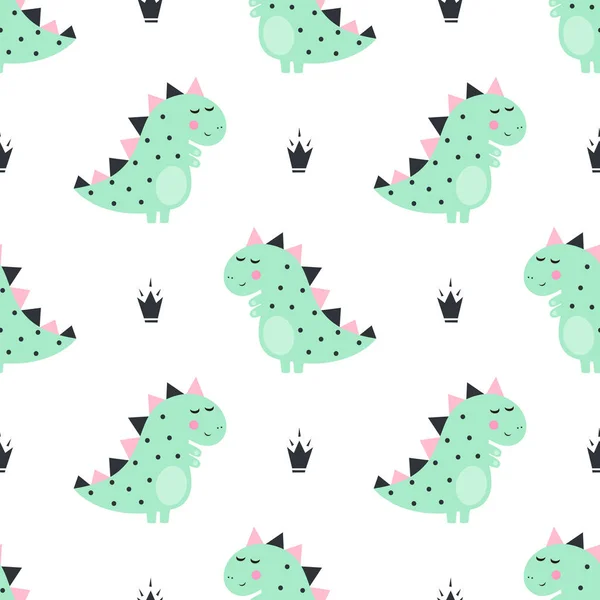 Cute dinosaur with crowns seamless pattern on white background. — Stock Vector