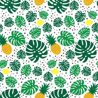 Beyaz arka plan üzerinde tropikal moda Dikişsiz desen ananas, limon ve yeşil palmiye yaprakları.