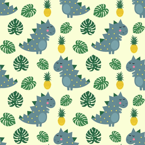 Mignon dinosaure avec ananas et feuilles de palmier motif sans couture . — Image vectorielle