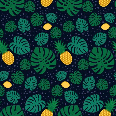Koyu arka plan üzerinde tropikal moda Dikişsiz desen ananas, limon ve yeşil palmiye yaprakları.