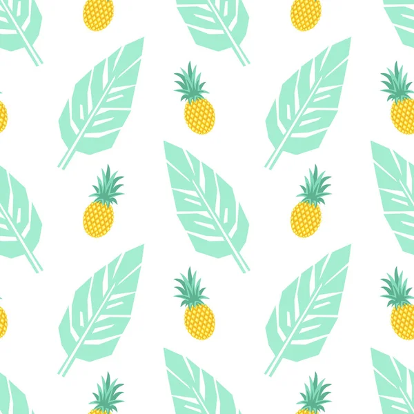 Tropical trendy seamless pattern with pineapples and mint green palm leaves on white background — Stock Vector