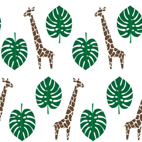 Giraffes and palm leaves seamless pattern on white background. — Stock Vector