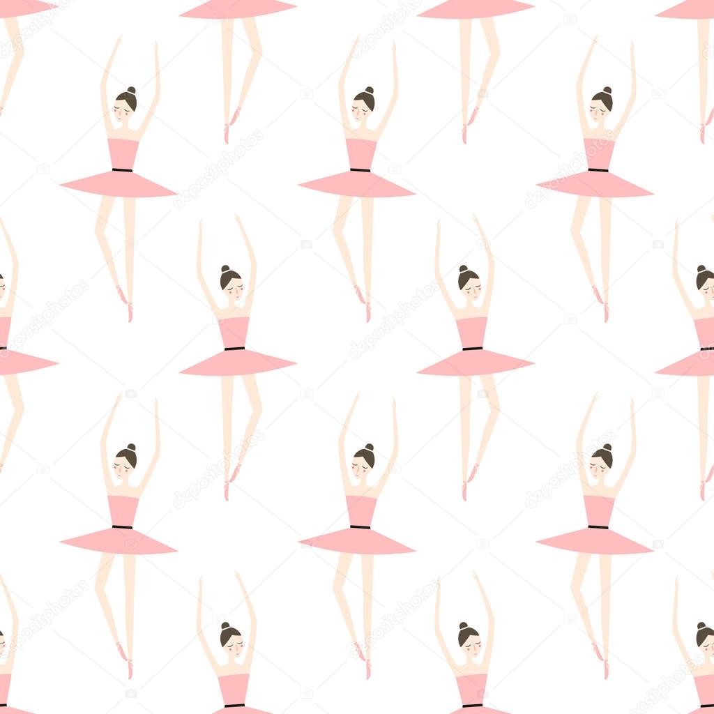 Cute ballerina in pink tutu seamless pattern on white background.
