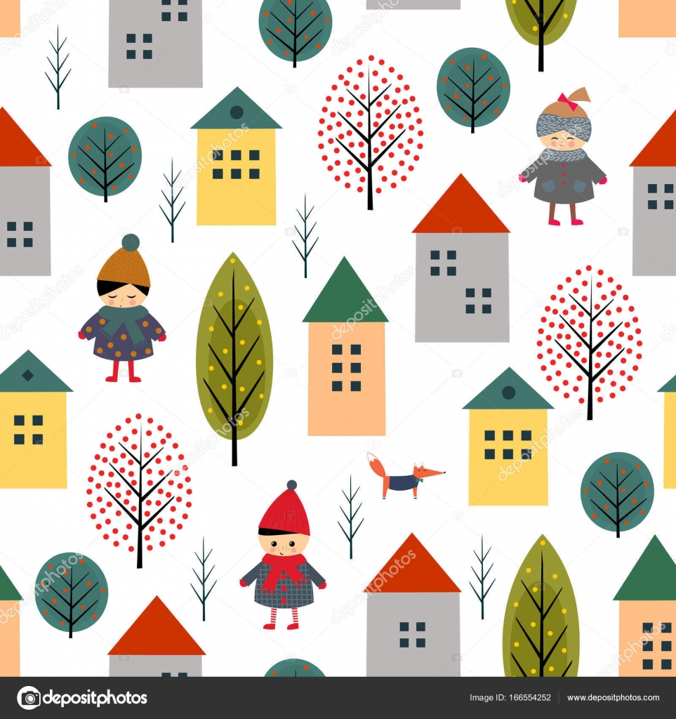Cute Houses Children Fox And Trees Seamless Pattern On White Background Stock Vector C In Dies Magis