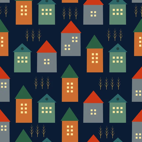 かわいい家と秋の木暗い青色の背景にシームレス パターン. — ストックベクタ