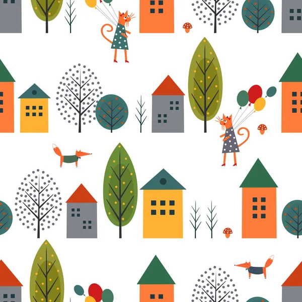 Lindas casas, gato, zorro y árboles de otoño patrón sin costuras sobre fondo blanco . — Vector de stock