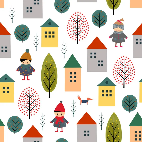 Lindas casas, niños, zorros y árboles patrón sin costuras sobre fondo blanco . — Vector de stock