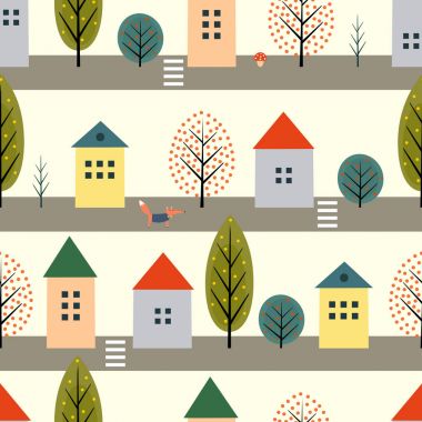 Şirin evler, fox ve beyaz arka plan üzerinde sokak seamless modeli boyunca sonbahar ağaçlar.
