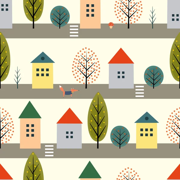 Mignonnes maisons, renards et arbres d'automne le long de la rue motif sans couture sur fond blanc . — Image vectorielle