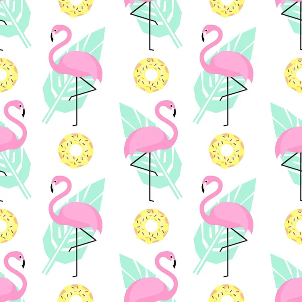 Трендовый узор без печати с розовыми фламинго, пончиками и зелеными пальмовыми листьями на белом фоне . — стоковый вектор