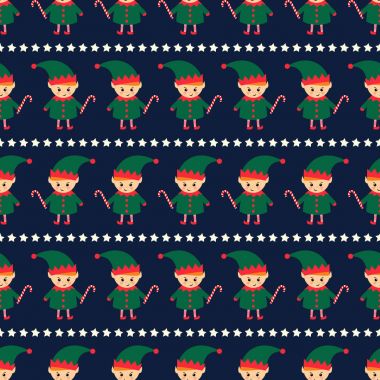 Noel elf şeker kamışı ve xmas ile seamless modeli koyu mavi zemin üzerine yıldız.