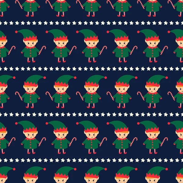 Noel elf şeker kamışı ve xmas ile seamless modeli koyu mavi zemin üzerine yıldız.