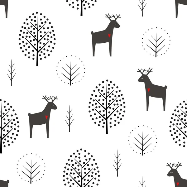 Deer and trees seamless pattern on white background. — Stock Vector