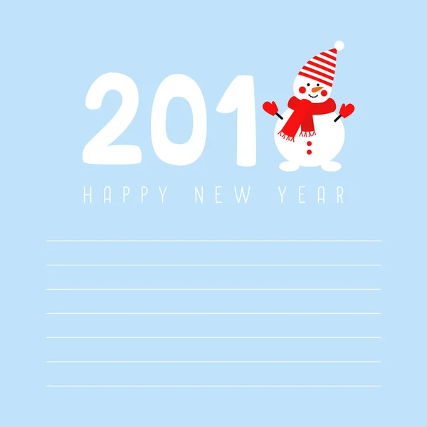 Happy New Year 2018 card with cute snowman and space for text on blue background. — Stock Vector