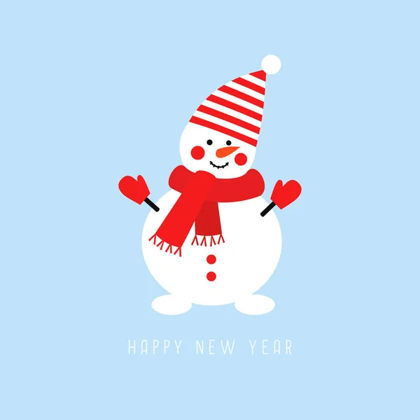 Happy New Year card with cute snowman on blue background. — Stock Vector