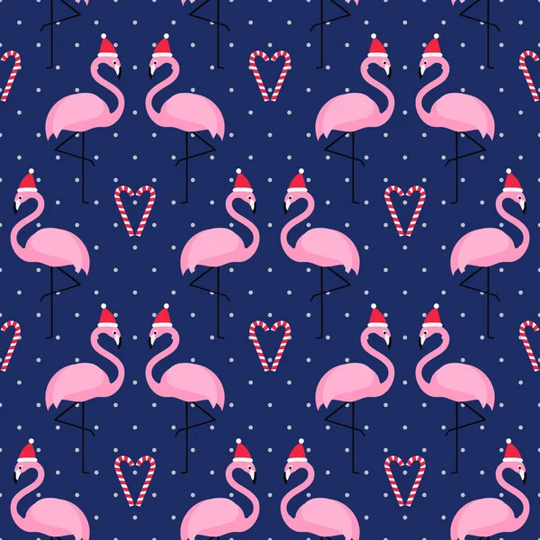Flamant rose dans le chapeau de Noël avec le coeur de canne à sucre motif sans couture sur fond de pois bleus . — Image vectorielle