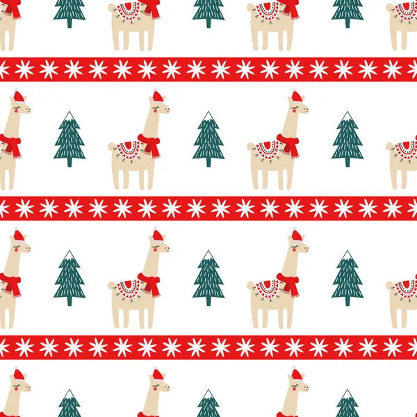 Christmas tree and cute lama with xmas hat seamless pattern. — Stock Vector