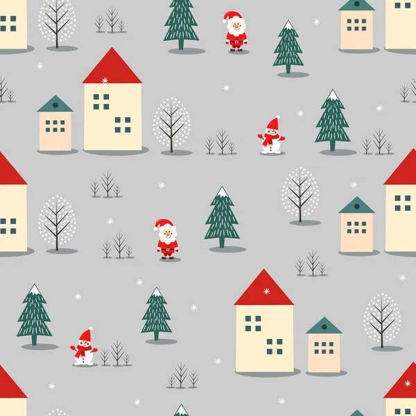 Vánoční strom, Santa Claus, domy a sněhulák bezešvé vzor na šedém pozadí. — Stockový vektor