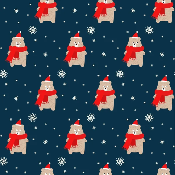 Oso en sombrero de Navidad y bufanda con copos de nieve patrón sin costuras sobre fondo azul . — Vector de stock