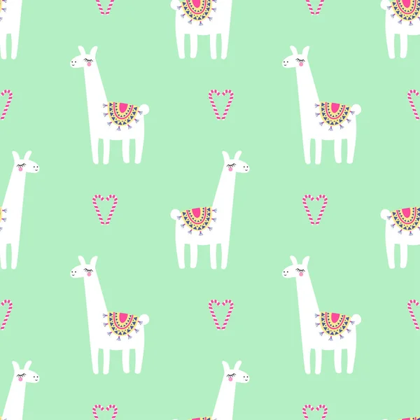 Cute llama with candy cane heart seamless pattern on mint green background. — Stock Vector