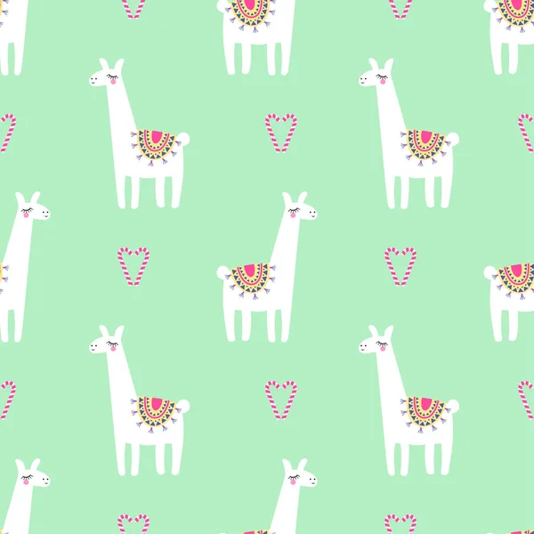 Linda llama con corazón de bastón de caramelo patrón sin costuras sobre fondo verde menta . — Vector de stock