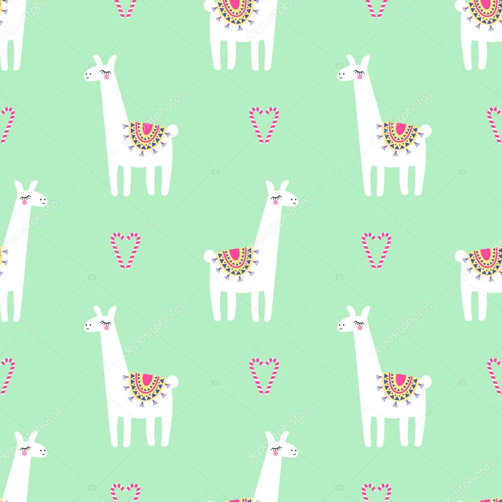 Cute llama with candy cane heart seamless pattern on mint green background.