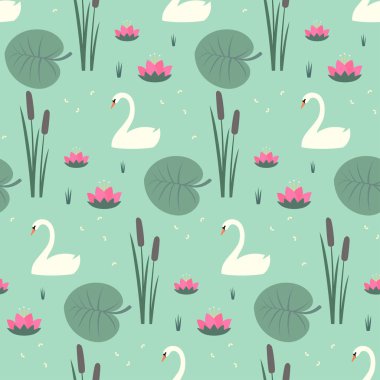 Nane yeşili arka plan üzerinde beyaz kuğu, nilüfer, bulrush ve yaprakları seamless modeli.