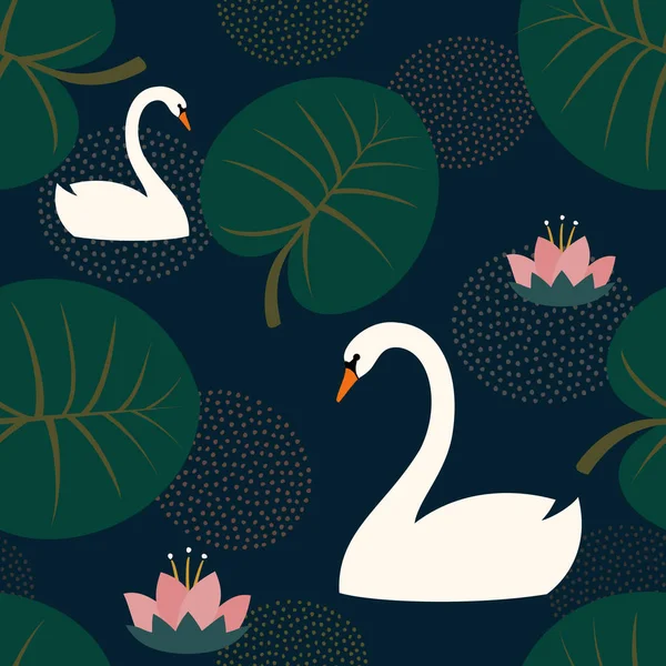 Patrón sin costuras de moda con cisnes blancos, lirio de agua y hojas sobre fondo azul oscuro . — Vector de stock