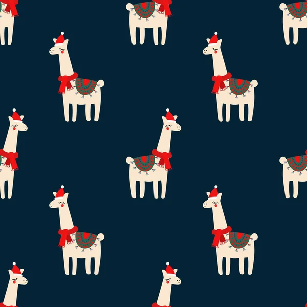Roztomilý lama s vánočními klobouk bezešvé pattern na tmavě modrém pozadí. — Stockový vektor