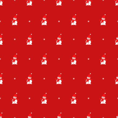 Sevimli kardan adam ve kar tanesi seamless modeli kırmızı zemin üzerine.