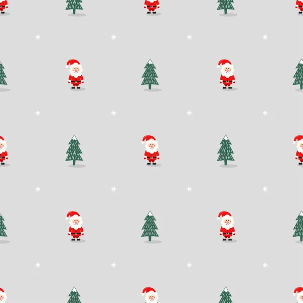 Xmas tree, Santa Claus and snowflakes cute seamless pattern on grey background. — Stock Vector