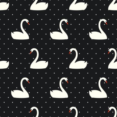 Lekeli siyah arka plan üzerinde beyaz kuğu seamless modeli.