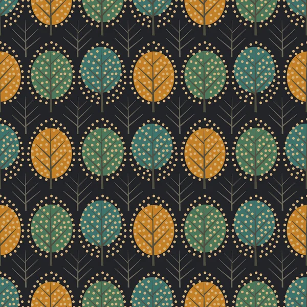 Árboles decorativos de estilo escandinavo patrón sin costuras sobre fondo oscuro . — Archivo Imágenes Vectoriales
