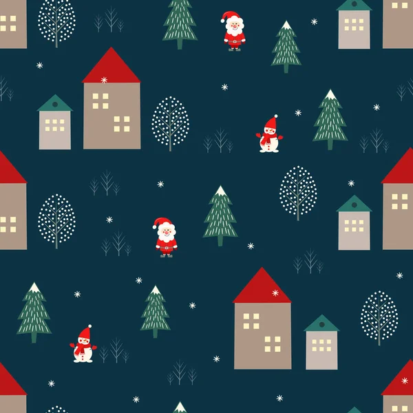 Papá Noel, árbol de Navidad, casas y muñeco de nieve patrón sin costuras sobre fondo azul . — Vector de stock