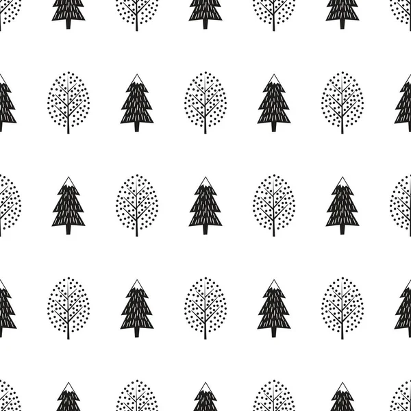 Black and white cute winter trees seamless pattern. — Stock Vector
