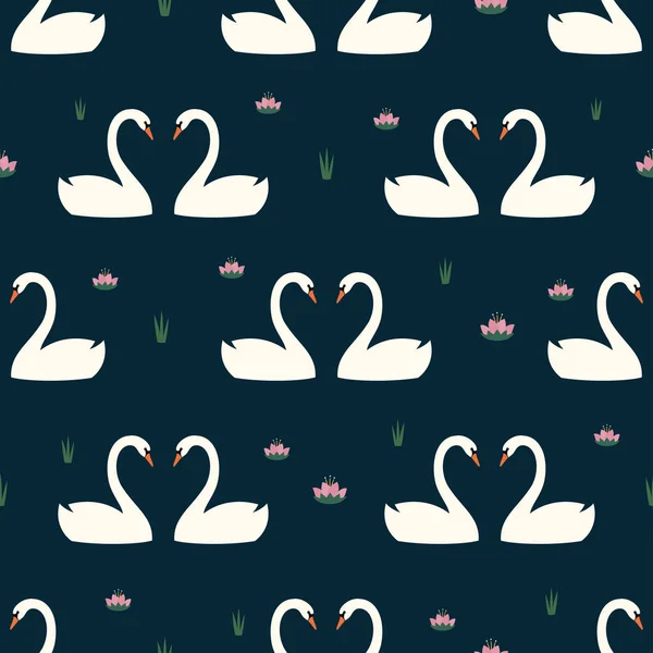 Patrón sin costuras de moda con cisnes blancos en el amor y lirio de agua sobre fondo azul oscuro . Ilustraciones de stock libres de derechos