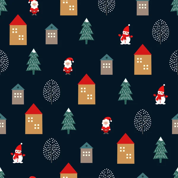 Árbol de Navidad, Papá Noel, casas y lindo muñeco de nieve patrón sin costuras sobre fondo azul oscuro . — Vector de stock