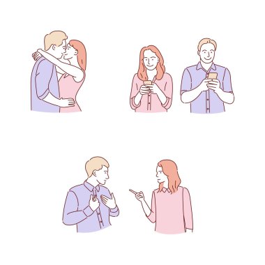 Man and woman relationships hand drawn doodle style illustration.