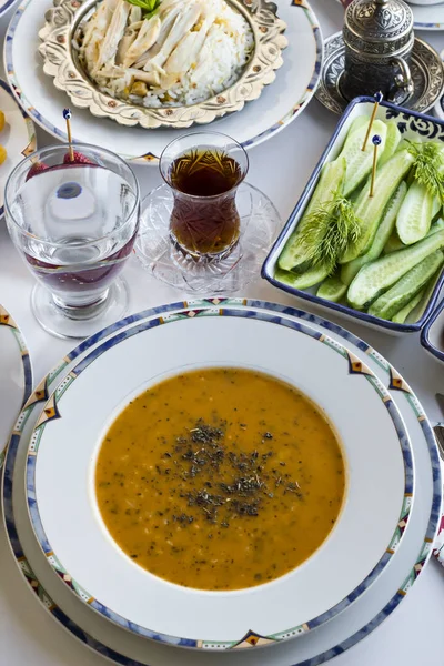 Setting Large Ramadan Iftar Dinner Table Soup Chicken Rice Salad – stockfoto